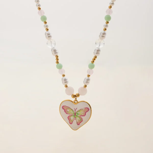 Trend 18K Gold Color Plated Stainless Steel Drop Oil Butterfly Print Pearl Stackable Pendant Necklace 2 pieces - Image 5