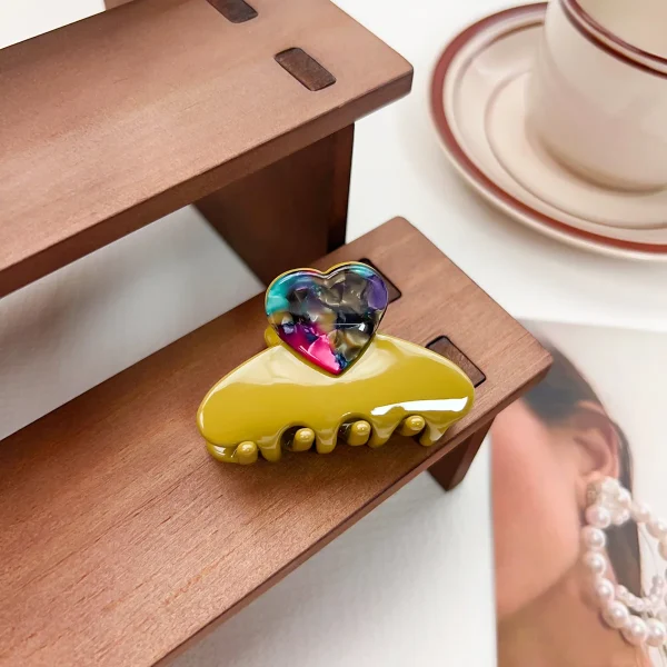 Trendy Acetate Medium Floral Patchwork Color Heart Cute Sweet Shark Hair Claw Clips - Image 2
