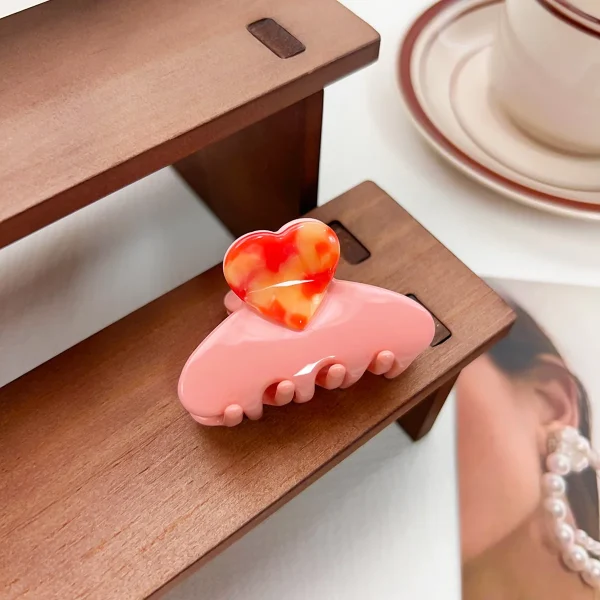 Trendy Acetate Medium Floral Patchwork Color Heart Cute Sweet Shark Hair Claw Clips - Image 4