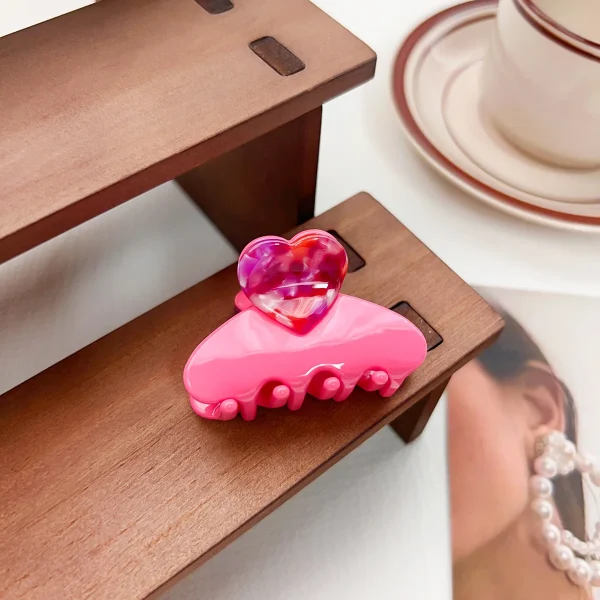 Trendy Acetate Medium Floral Patchwork Color Heart Cute Sweet Shark Hair Claw Clips - Image 5