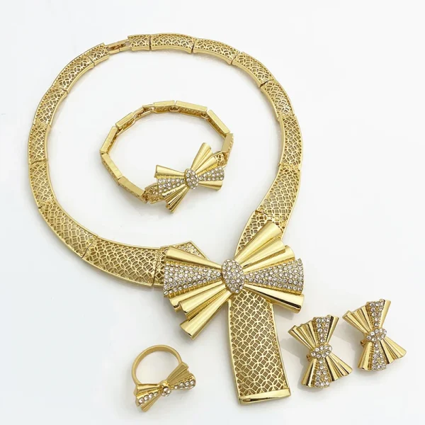 Trendy Bowknot 18k Gold Plated Necklace Earring Bracelet Ring Set - Image 5