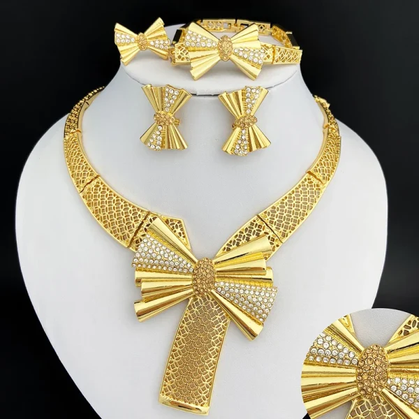Trendy Bowknot 18k Gold Plated Necklace Earring Bracelet Ring Set - Image 4