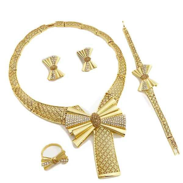 Trendy Bowknot 18k Gold Plated Necklace Earring Bracelet Ring Set - Image 3