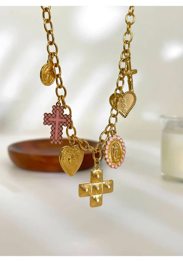 Trendy Creative Design Stainless Steel Anti-Tarnish Fashion 18K Gold Plated Cross Heart Oval Pendant Necklace - Image 3