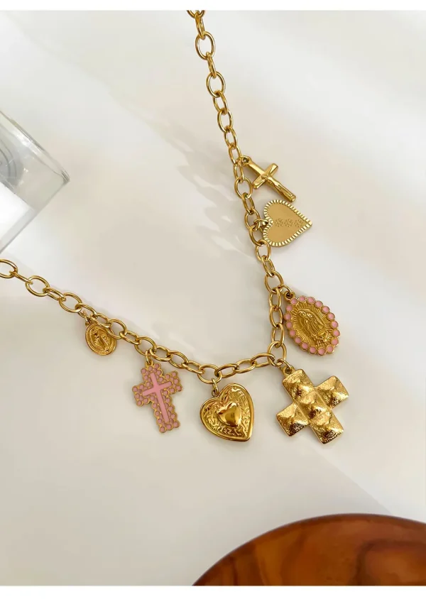 Trendy Creative Design Stainless Steel Anti-Tarnish Fashion 18K Gold Plated Cross Heart Oval Pendant Necklace - Image 4