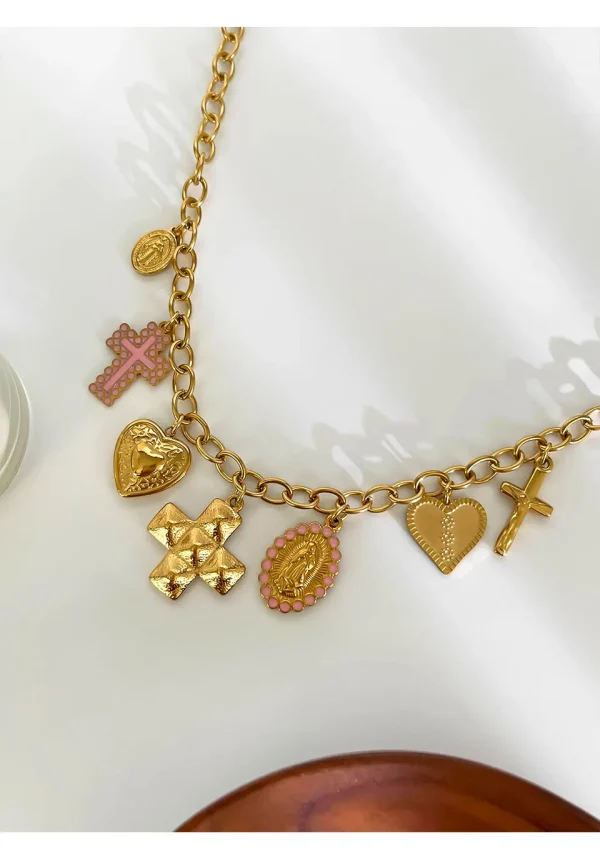 Trendy Creative Design Stainless Steel Anti-Tarnish Fashion 18K Gold Plated Cross Heart Oval Pendant Necklace - Image 5