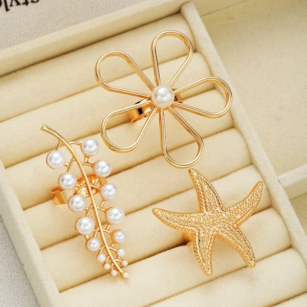 Trendy Geometric Flower Starfish Imitation Knuckle Joint Beach Pearl Rings 3PCS - Image 2