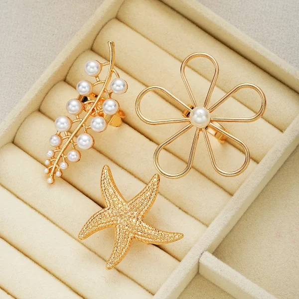 Trendy Geometric Flower Starfish Imitation Knuckle Joint Beach Pearl Rings 3PCS - Image 3