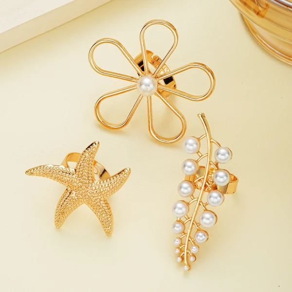 Trendy Geometric Flower Starfish Imitation Knuckle Joint Beach Pearl Rings 3PCS - Image 4