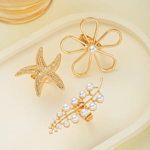 Trendy Geometric Flower Starfish Imitation Knuckle Joint Beach Pearl Rings 3PCS - Image 5