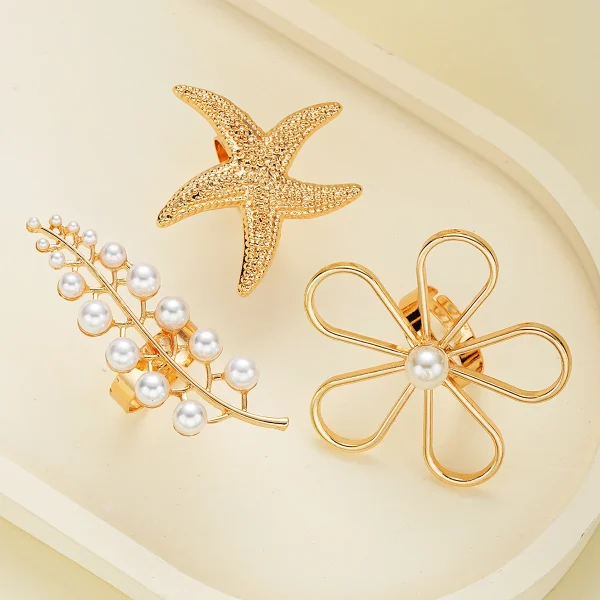 Trendy Geometric Flower Starfish Imitation Knuckle Joint Beach Pearl Rings 3PCS - Image 6