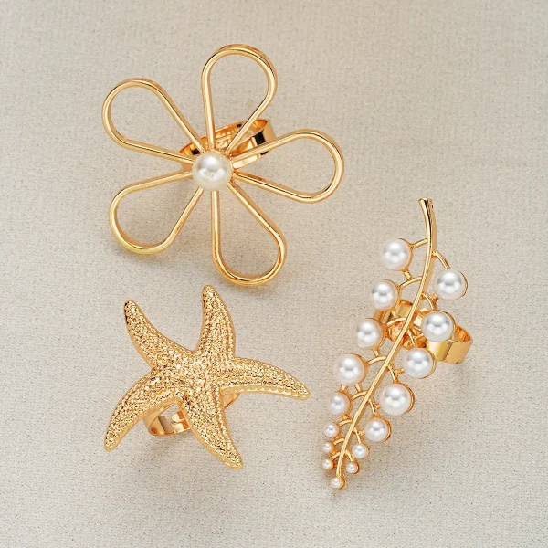 Trendy Geometric Flower Starfish Imitation Knuckle Joint Beach Pearl Rings 3PCS - Image 7
