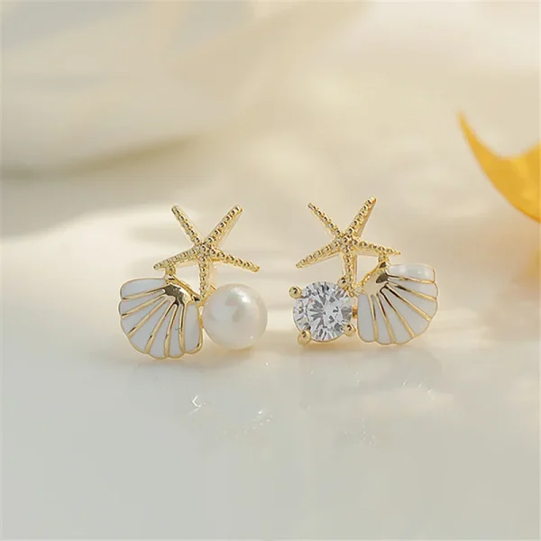 Trendy Geometric Starfish Shell Imitation Pearl Enamel Asymmetric Stud Earrings - Image 6