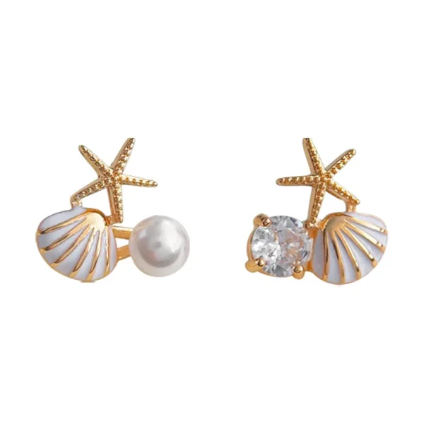 Trendy Geometric Starfish Shell Imitation Pearl Enamel Asymmetric Stud Earrings - Image 5