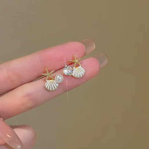 Trendy Geometric Starfish Shell Imitation Pearl Enamel Asymmetric Stud Earrings - Image 2