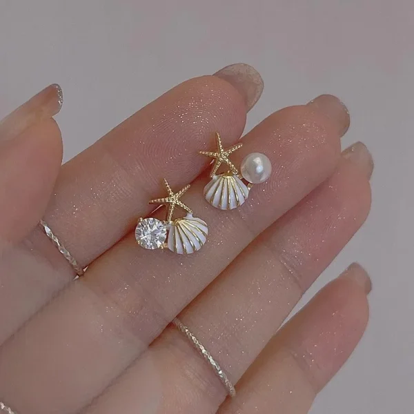Trendy Geometric Starfish Shell Imitation Pearl Enamel Asymmetric Stud Earrings - Image 3
