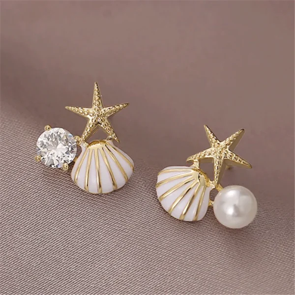 Trendy Geometric Starfish Shell Imitation Pearl Enamel Asymmetric Stud Earrings - Image 4
