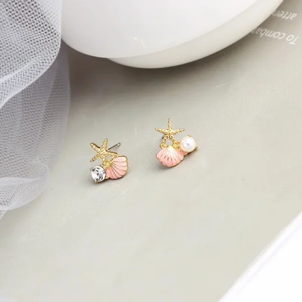 Trendy Geometric Starfish Shell Imitation Pearl Enamel Asymmetric Stud Earrings - Image 7