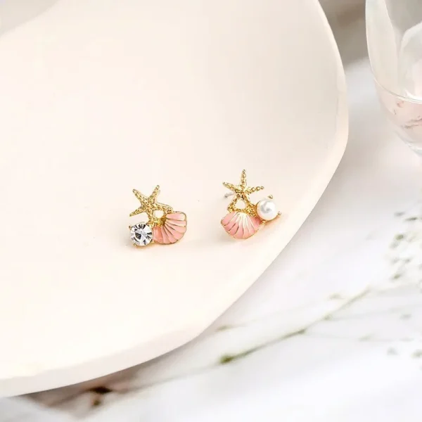 Trendy Geometric Starfish Shell Imitation Pearl Enamel Asymmetric Stud Earrings - Image 8