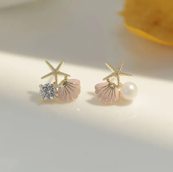 Trendy Geometric Starfish Shell Imitation Pearl Enamel Asymmetric Stud Earrings - Image 9