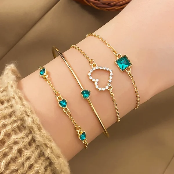 Trendy Snake Imitation Gemstone Rhinestone Full Metal Birthday Party Bangle Bracelet Set 4PCS Set - Image 2