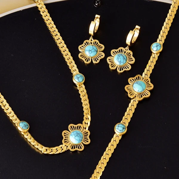 Trendy Stainless Steel Embed Stones Ginkgo Leaf Flower Charm Chain Necklaces Bracelets Earrings Jewelry set - Image 2
