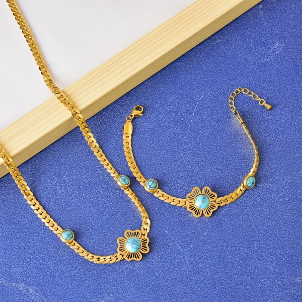 Trendy Stainless Steel Embed Stones Ginkgo Leaf Flower Charm Chain Necklaces Bracelets Earrings Jewelry set - Image 5