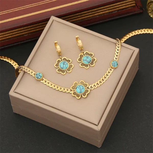 Trendy Stainless Steel Embed Stones Ginkgo Leaf Flower Charm Chain Necklaces Bracelets Earrings Jewelry set - Image 7