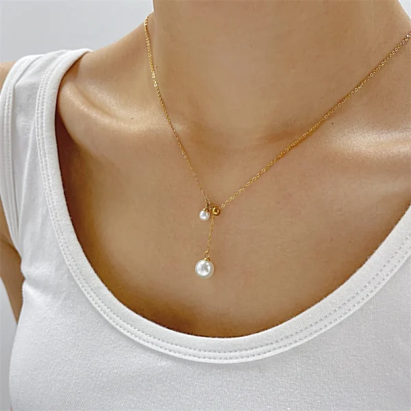 Trendy Stainless Steel Minimalism Pull Adjust Size Pearl Charm Chain Choker Necklace - Image 2