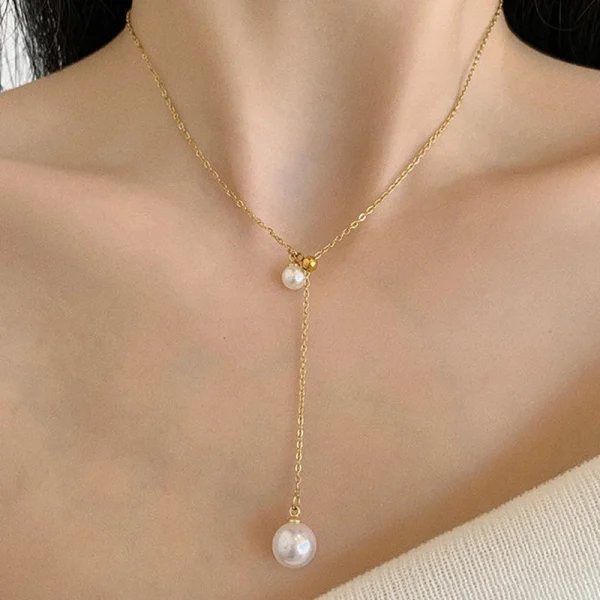 Trendy Stainless Steel Minimalism Pull Adjust Size Pearl Charm Chain Choker Necklace