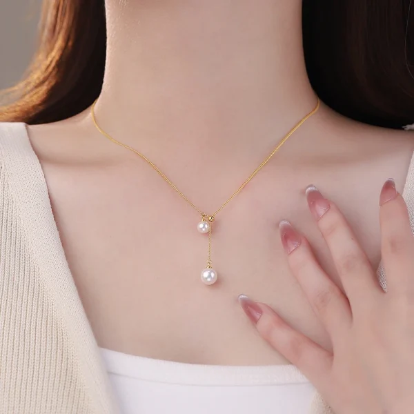 Trendy Stainless Steel Minimalism Pull Adjust Size Pearl Charm Chain Choker Necklace - Image 4