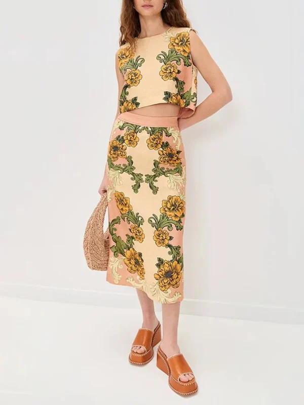 Two Piece Set O Neck Short Sleeve Top Highwaist Skirts Elegant Sets