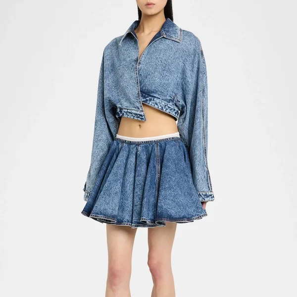 Two Piece Sets Lapel Long Sleeves Top High Waist Spliced Folds Skirts Set - Image 2