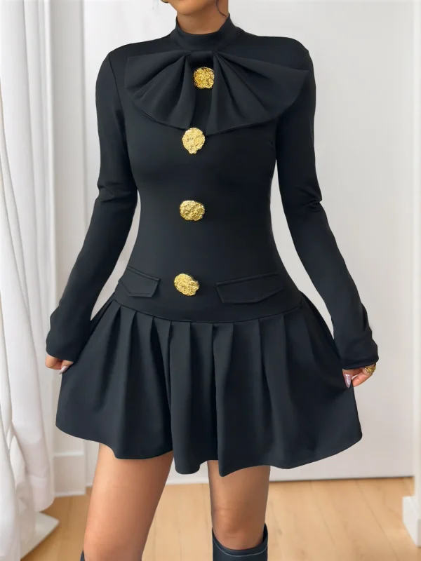 Vintage Half High Collar A-Line Slim Short Medium Stretch Mini Dress