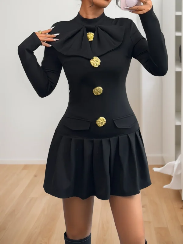 Vintage Half High Collar A-Line Slim Short Medium Stretch Mini Dress - Image 5