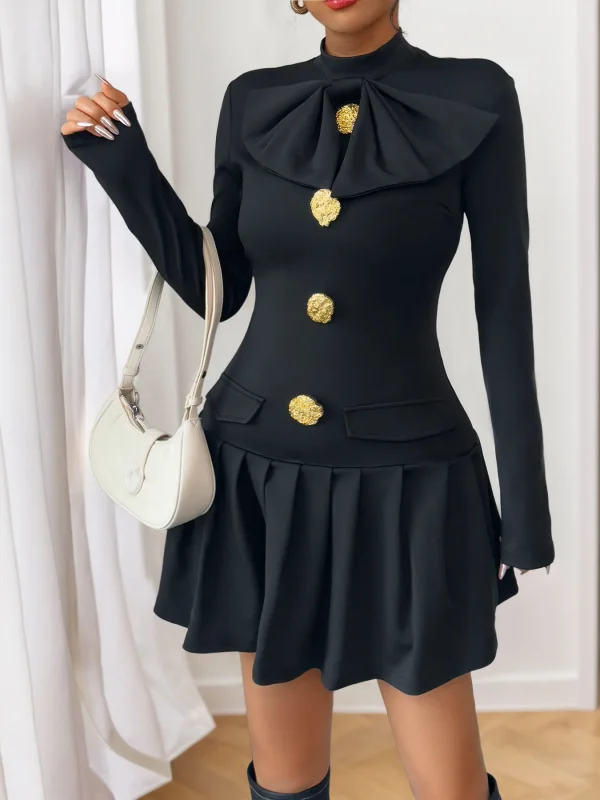 Vintage Half High Collar A-Line Slim Short Medium Stretch Mini Dress - Image 4