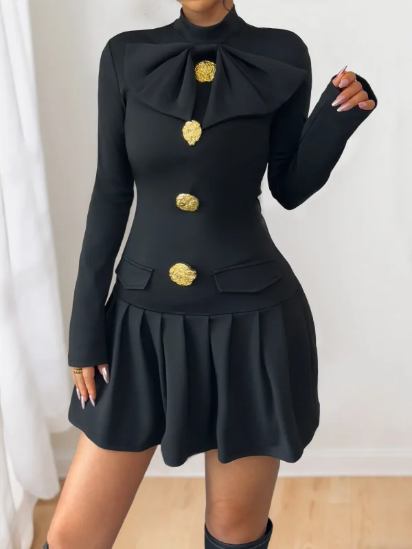 Vintage Half High Collar A-Line Slim Short Medium Stretch Mini Dress - Image 2