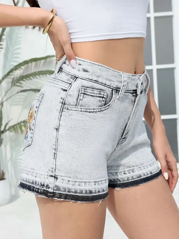 Vintage Embroidery Pockets Zipper Fly Casual Jean Booty Shorts - Image 7