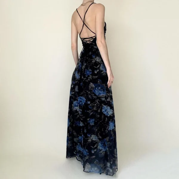 Vintage Floral Printed Split Elegant Backless Bandage Beach Long Dress Boho Vacation Dress - Image 3