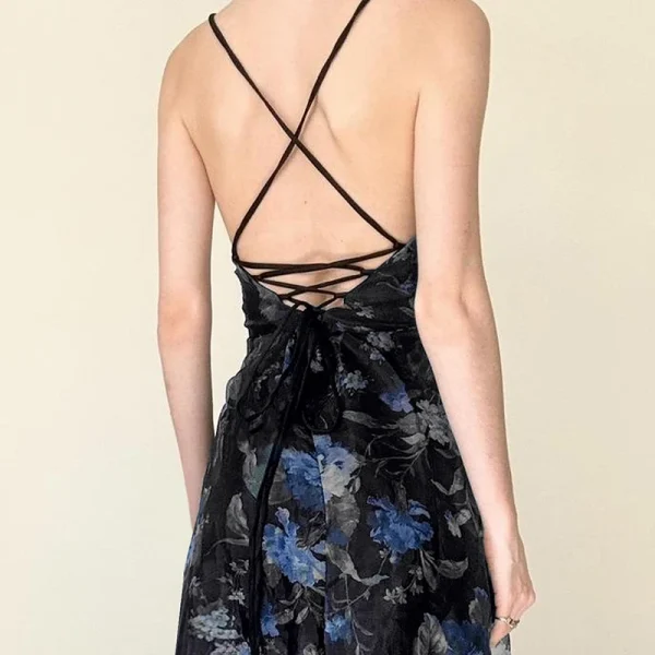 Vintage Floral Printed Split Elegant Backless Bandage Beach Long Dress Boho Vacation Dress - Image 4