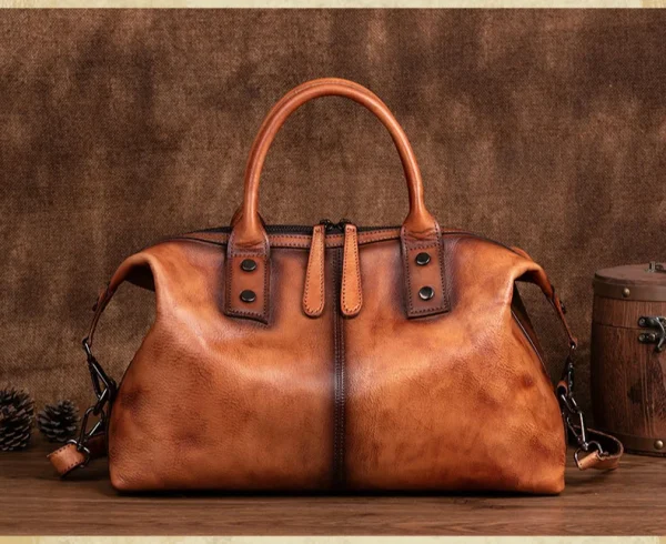 Vintage Genuine Cowhide Leather Hand Painted Large Capacity Top Handle Purse Designer Shoulder Hobo Bag - Image 2