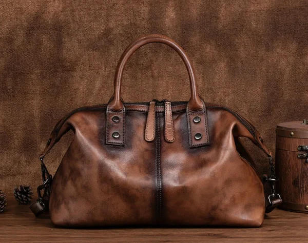 Vintage Genuine Cowhide Leather Hand Painted Large Capacity Top Handle Purse Designer Shoulder Hobo Bag - Image 3