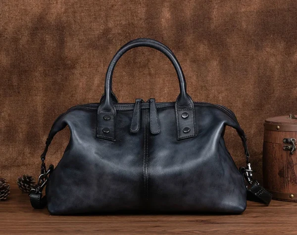 Vintage Genuine Cowhide Leather Hand Painted Large Capacity Top Handle Purse Designer Shoulder Hobo Bag - Image 4