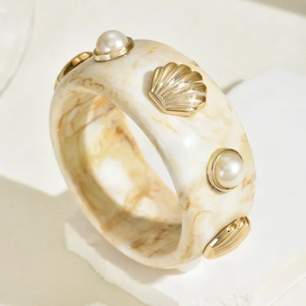 Vintage Geometric Round Exaggerated Resin Pearl Shell Wide Bracelet Bangles - Image 6