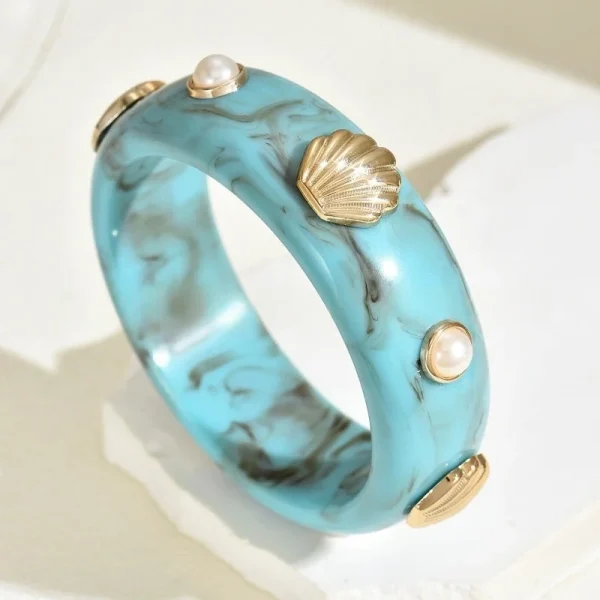 Vintage Geometric Round Exaggerated Resin Pearl Shell Wide Bracelet Bangles - Image 10