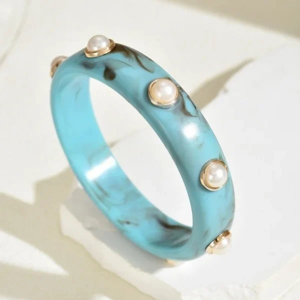 Vintage Geometric Round Exaggerated Resin Pearl Shell Wide Bracelet Bangles - Image 11