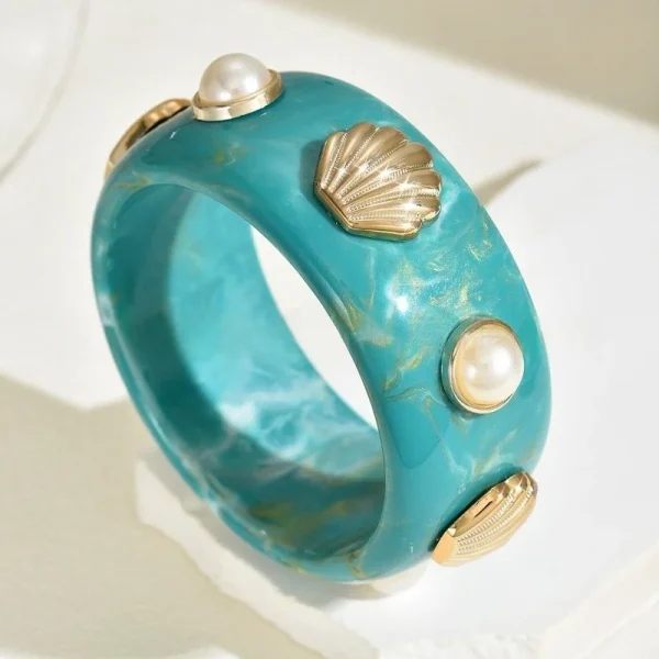 Vintage Geometric Round Exaggerated Resin Pearl Shell Wide Bracelet Bangles - Image 12