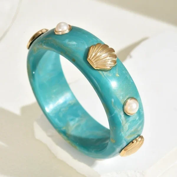 Vintage Geometric Round Exaggerated Resin Pearl Shell Wide Bracelet Bangles - Image 13