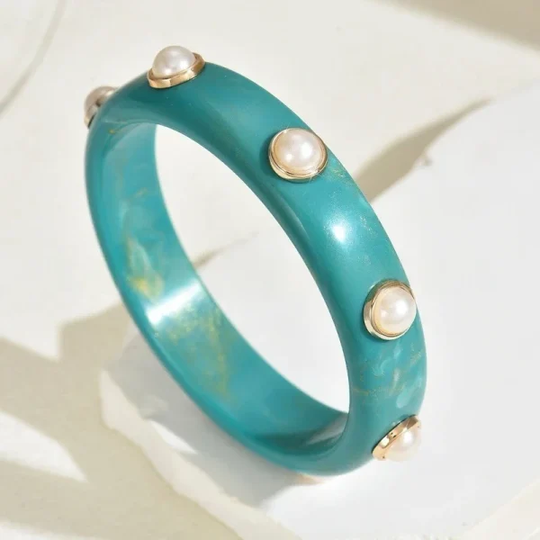 Vintage Geometric Round Exaggerated Resin Pearl Shell Wide Bracelet Bangles - Image 14