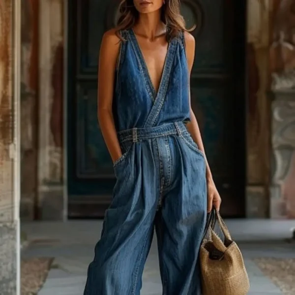 Vintage Inspired V-Neck Button Front Adjustable Belt Wide-Leg Pant Style Denim Jumpsuit - Image 2